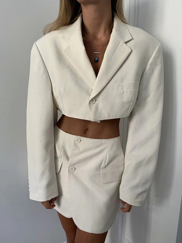 Suits- 2-Piece Summer Business Suit with Crop Blazer & Wrap Midi Skirt- - Chuzko Women Clothing