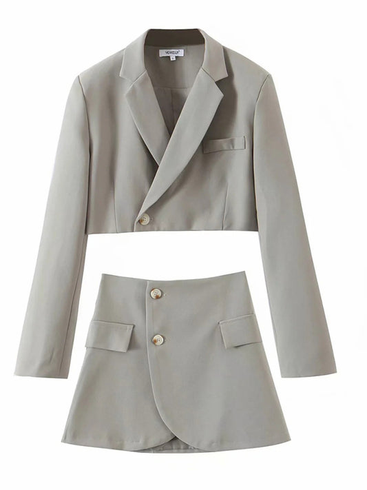 Suits- 2-Piece Summer Business Suit with Crop Blazer & Wrap Midi Skirt- Grey- Chuzko Women Clothing