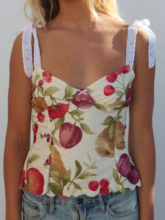 Summer Camis- Tie-Shoulder Cami in Floral Print - Summer Top with Lace-Up Back- Light yellow- Chuzko Women Clothing