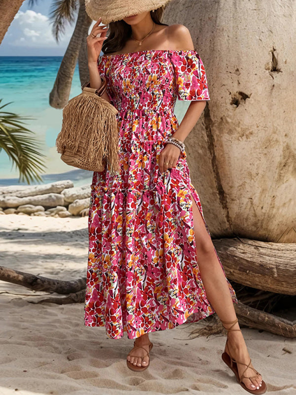 Summer Dresses- Boho Floral Off-Shoulder Tiered Midi Sundress - Smocked A-Line Dress- - Chuzko Women Clothing
