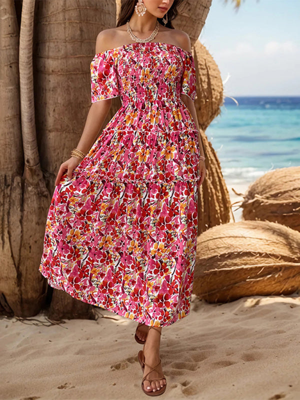 Summer Dresses- Boho Floral Off-Shoulder Tiered Midi Sundress - Smocked A-Line Dress- - Chuzko Women Clothing