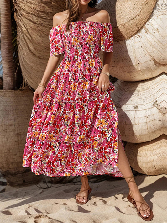 Summer Dresses- Boho Floral Off-Shoulder Tiered Midi Sundress - Smocked A-Line Dress- Red- Chuzko Women Clothing