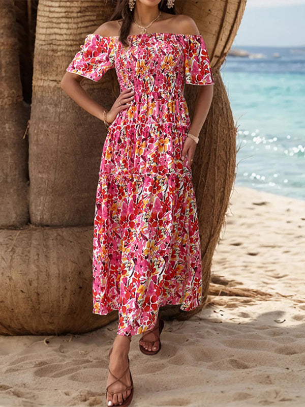 Summer Dresses- Boho Floral Off-Shoulder Tiered Midi Sundress - Smocked A-Line Dress- - Chuzko Women Clothing