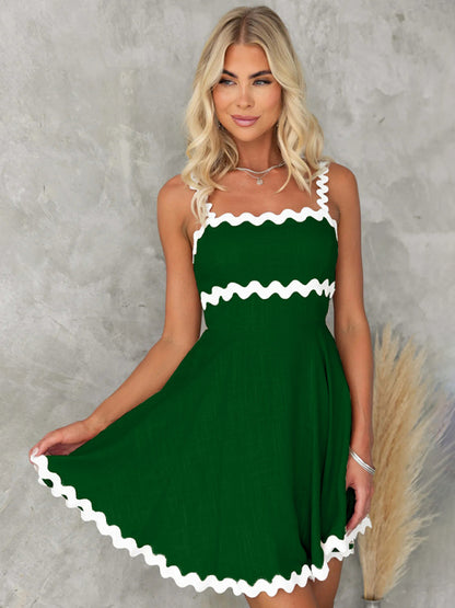 Summer Dresses- Essential A-Line Cami Dress with Ric-Rac Trim- Cracker khaki- Chuzko Women Clothing