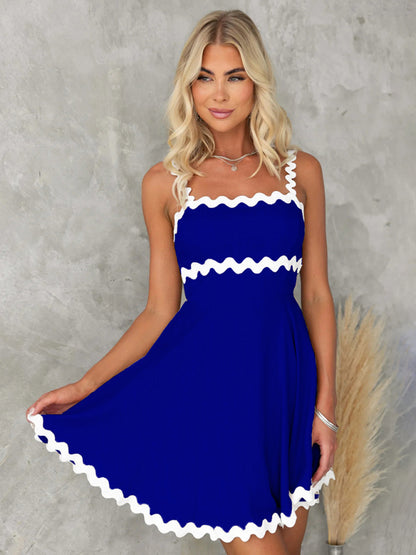 Summer Dresses- Essential A-Line Cami Dress with Ric-Rac Trim- White- Chuzko Women Clothing