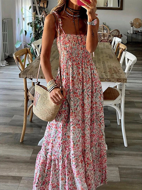 Summer Dresses- Floral A-Line Tiered Maxi Dress - Vacation Essential- Pink- Chuzko Women Clothing