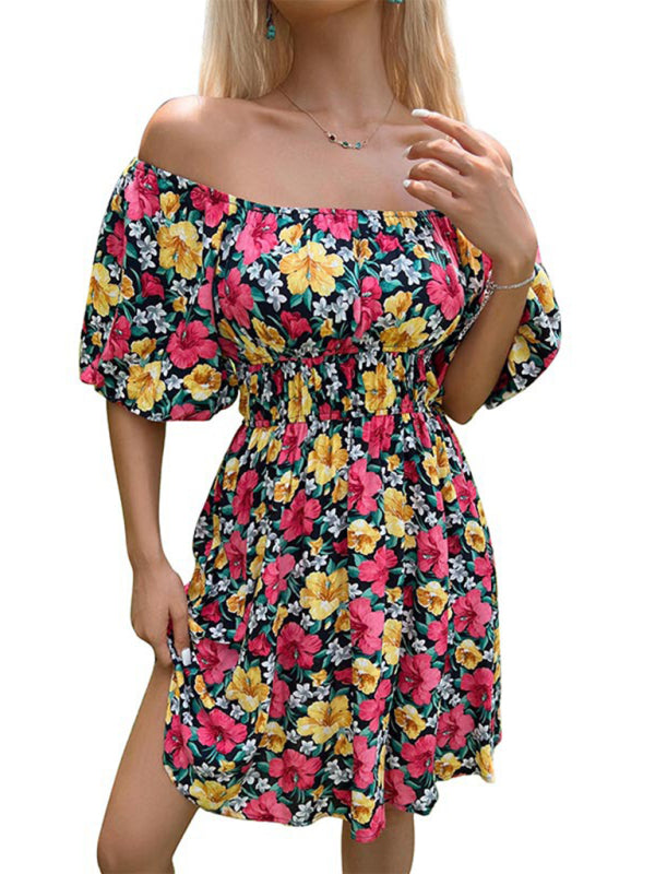 Geblümtes schulterfreies Sommerkleid - Sommerkleid mit geraffter Taille und Laternenärmeln