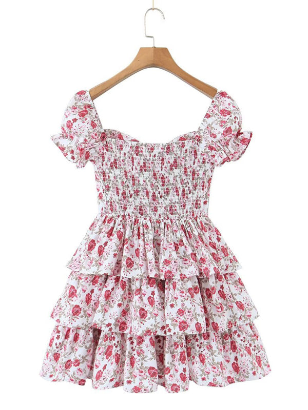 Floral Sweetheart Puff Sleeve Layered Lace-Up Sundress