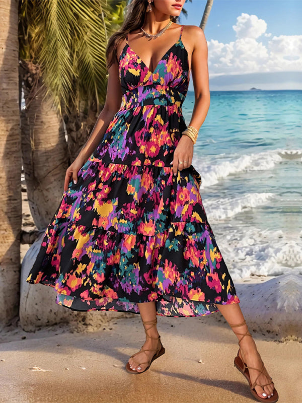 Summer Dresses- Garden Party Abstract Print High Waist Tiered Cami Dress- - Chuzko Women Clothing