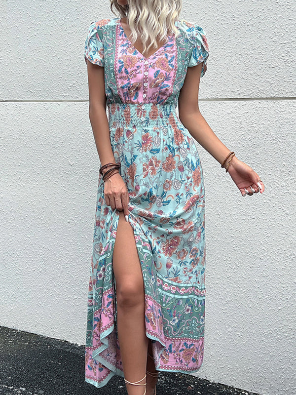 Summer Dresses- Smocked Waist A-Line Midi Dress with Floral Print & Short Sleeves- Chuzko Women Clothing