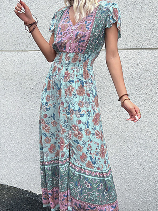 Summer Dresses- Smocked Waist A-Line Midi Dress with Floral Print & Short Sleeves- Chuzko Women Clothing