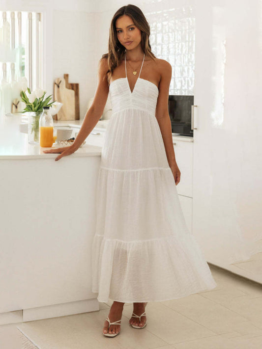 Solid Halter Sleeveless Tiered Maxi Dress for Summer Vacations