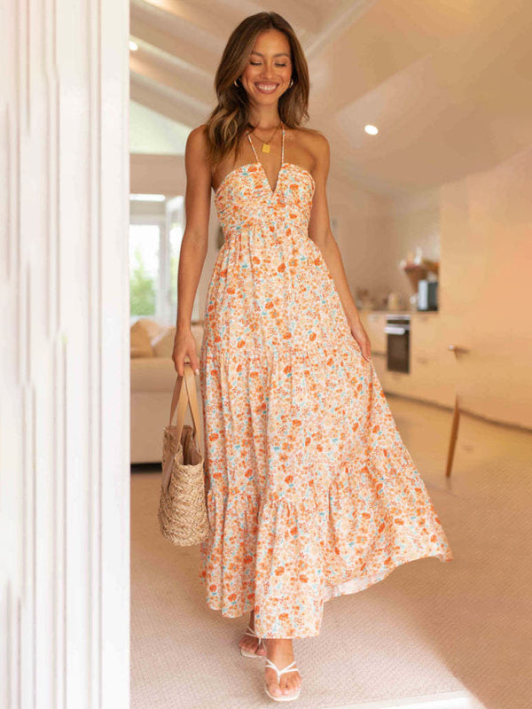 Solid Halter Sleeveless Tiered Maxi Dress for Summer Vacations