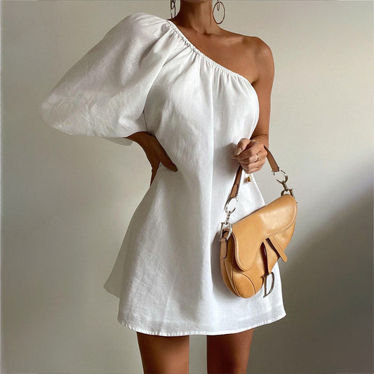 Summer Dresses- Solid Loose One-Shoulder Sundress- Chuzko Women Clothing