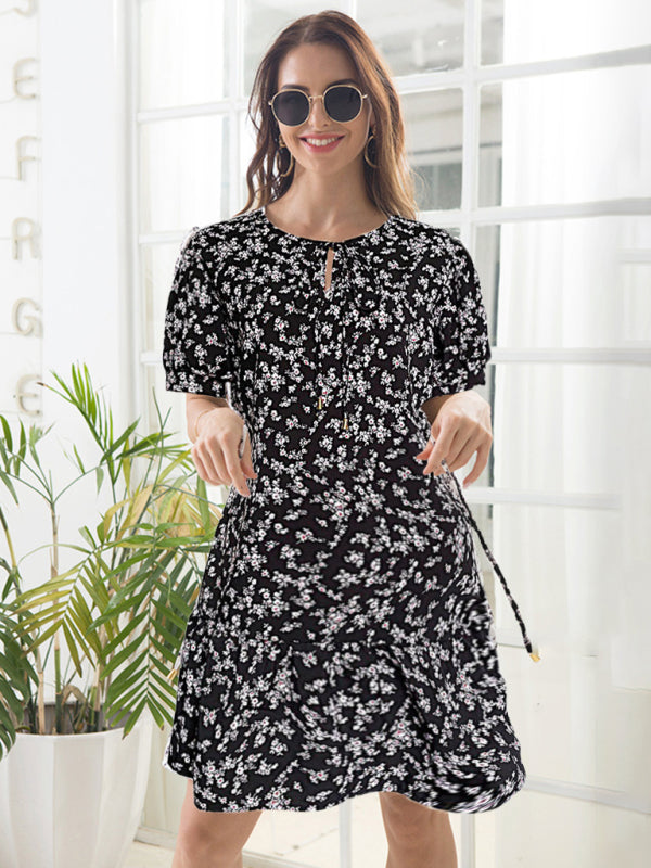 Summer Dresses- Spring/Summer Floral Print Drop Waist A-Line Dress- Chuzko Women Clothing