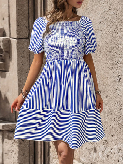Summer Dresses- Striped Puff Sleeves Sundress - Bow knot Back A-Line Summer Dress- - Chuzko Women Clothing