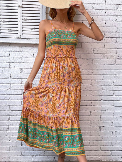 Summer Dresses- Summer Boho in Floral A-Line Cami Midi Dress- Chuzko Women Clothing