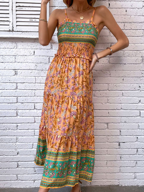 Summer Dresses- Summer Boho in Floral A-Line Cami Midi Dress- Chuzko Women Clothing