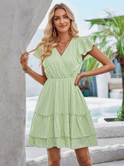 Summer Dresses- Summer Surplice V-Neck Tiered Mini Dress with Layered Sleeves- Chuzko Women Clothing
