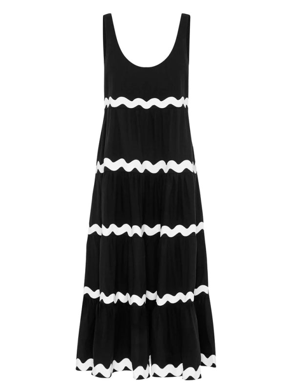 Summer Dresses- Vacation Ric-Rac Trimmed Flowy Sleeveless Maxi Dress- - Chuzko Women Clothing