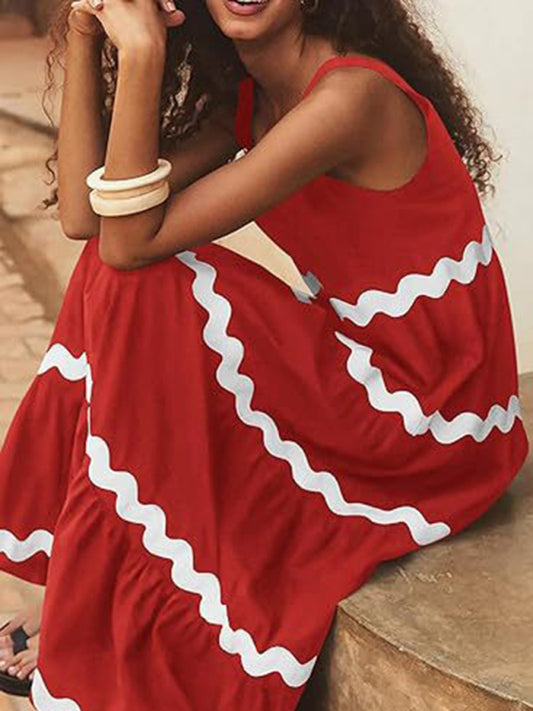 Summer Dresses- Vacation Ric-Rac Trimmed Flowy Sleeveless Maxi Dress- Red- Chuzko Women Clothing