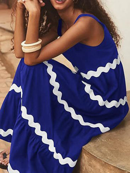 Summer Dresses- Vacation Ric-Rac Trimmed Flowy Sleeveless Maxi Dress- Black- Chuzko Women Clothing