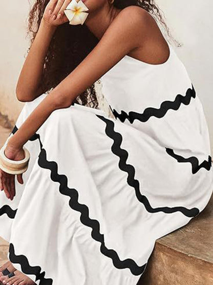 Summer Dresses- Vacation Ric-Rac Trimmed Flowy Sleeveless Maxi Dress- - Chuzko Women Clothing