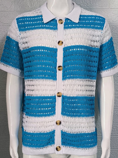 Summer Knit Shirts- Men's Open Knit Summer Cardigan | Color Block Button-Up Sweater- Chuzko Women Clothing