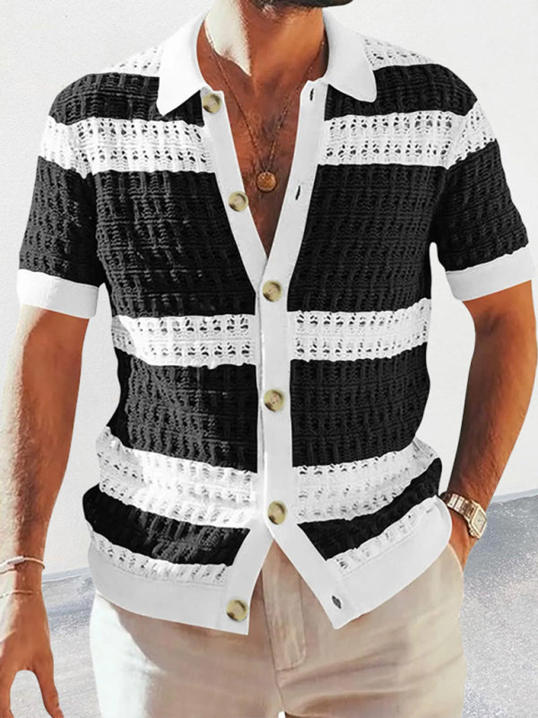 Summer Knit Shirts- Men's Open Knit Summer Cardigan | Color Block Button-Up Sweater- Chuzko Women Clothing