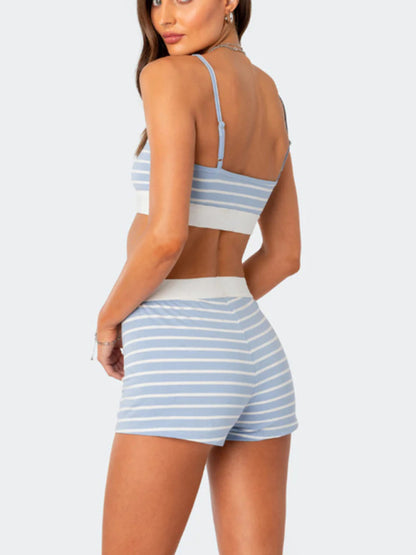 Summer Loungewear- Summer Stripe 2-Piece Pajama Set - Cami Crop Top & Shorts- Chuzko Women Clothing