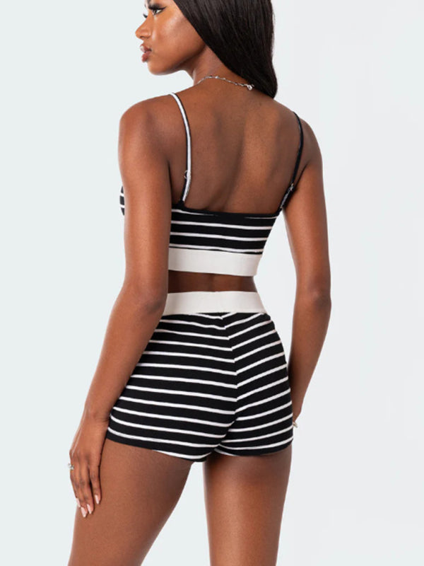 Summer Loungewear- Summer Stripe 2-Piece Pajama Set - Cami Crop Top & Shorts- Chuzko Women Clothing