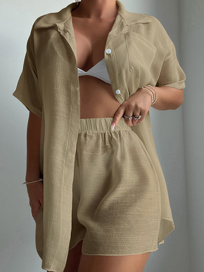Summer Outfit- Laid-Back Vibes in Sheer Open Shirt and Shorts - 2-Piece See-Through Cover-Up Set- - Chuzko Women Clothing