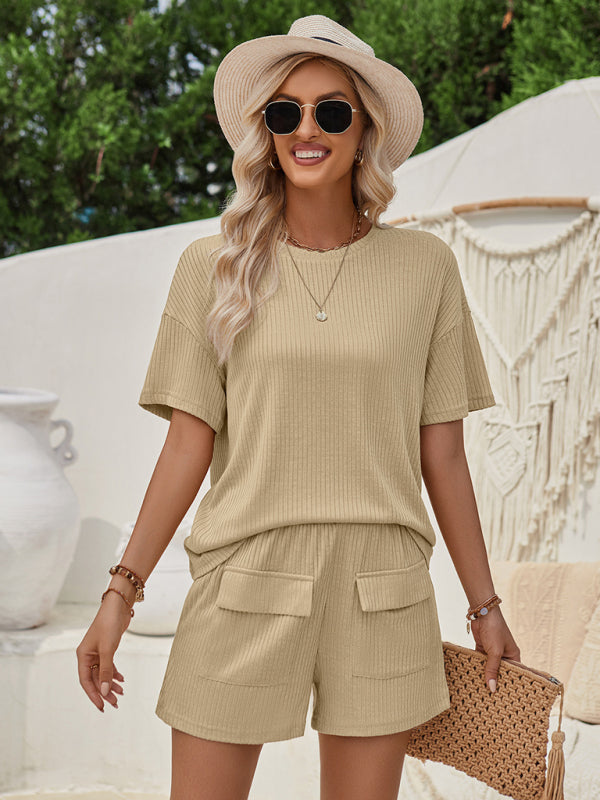 Summer Outfit- Ribbed Crew-Neck Tee & Shorts 2-Piece Casual Outfit- Chuzko Women Clothing