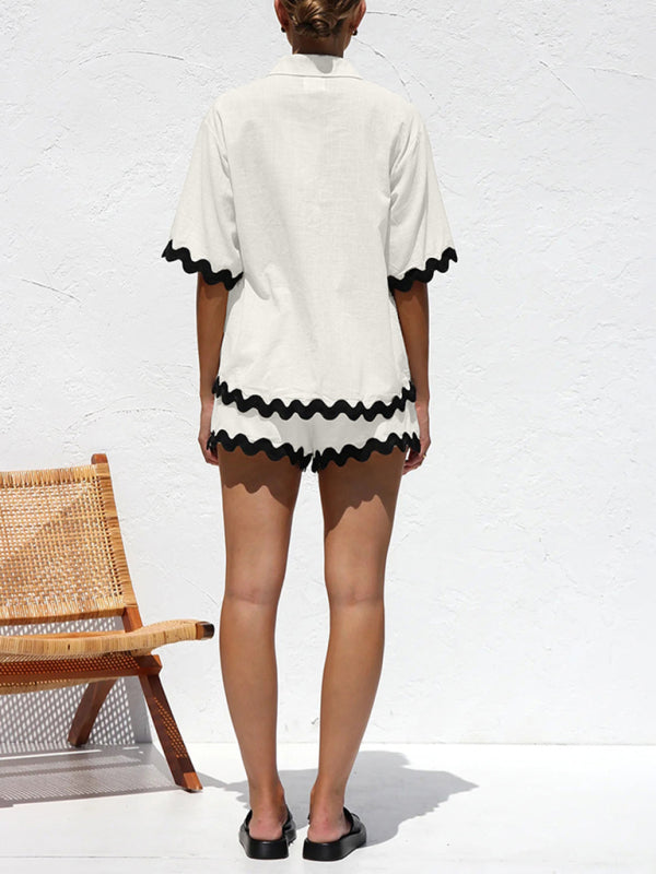 Sonniges 2-teiliges Kontrast-Wellen-Outfit | Hemd mit klassischem Kragen und Sommershorts