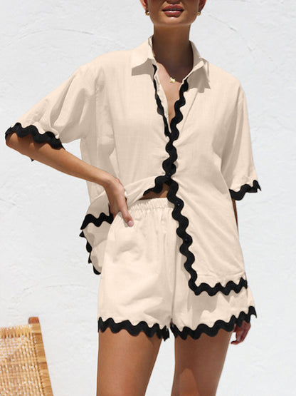 Sunny 2-Piece Contrast Wave Outfit | Classic Collar Shirt and Summer Shorts