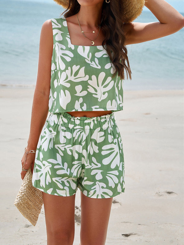 Summer Outfit- Vacay Tropical Print 2-Piece Tank Top & Shorts for Summer Lounging- Chuzko Women Clothing