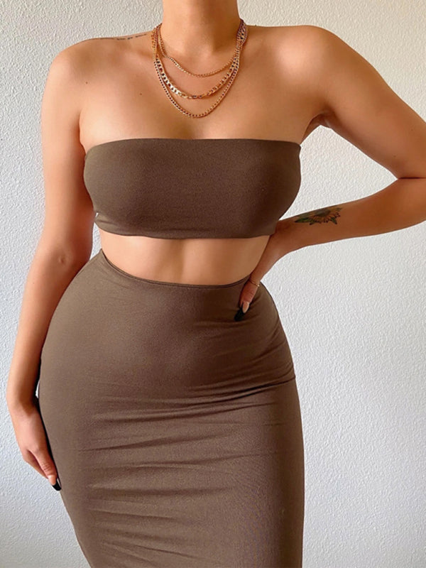 Summer Outfits- Bandeau Summer Solid 2 Piece - Crop Top & Midi Skirt- - Chuzko Women Clothing