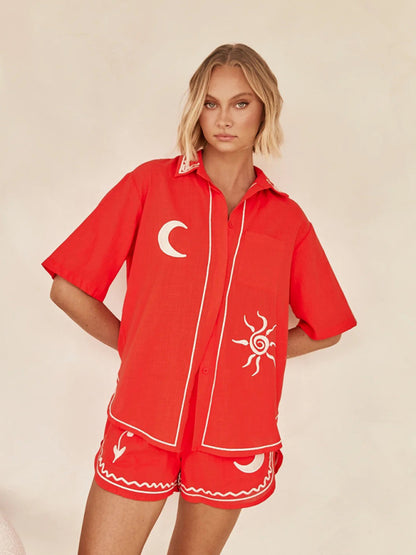 Summer Outfits- Loose Fit 2-Piece Embroidered Shirt & Shorts for Summer- - Chuzko Women Clothing