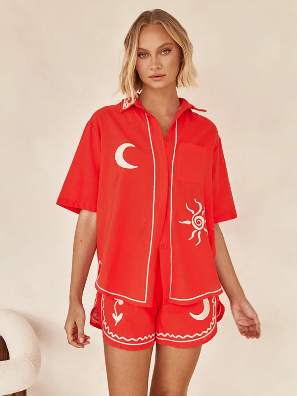 Summer Outfits- Loose Fit 2-Piece Embroidered Shirt & Shorts for Summer- Orange Red- Chuzko Women Clothing