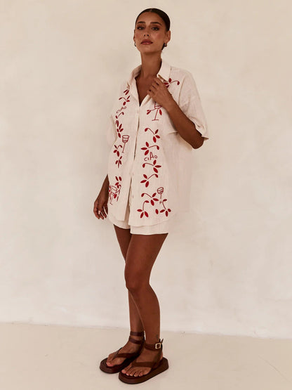 Summer Outfits- Loose Fit 2-Piece Embroidered Shirt & Shorts for Summer- - Chuzko Women Clothing