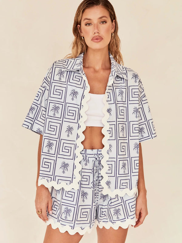 Summer Outfits- Ric-rac Trim Open Shirt and Shorts Combo - 2 Piece Vacation Outfit- Blue- Chuzko Women Clothing