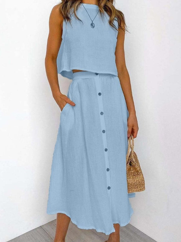 Summer Outfits- Summer Cotton Textured 2-Piece Tank Top & Buttoned Midi Skirt- Chuzko Women Clothing