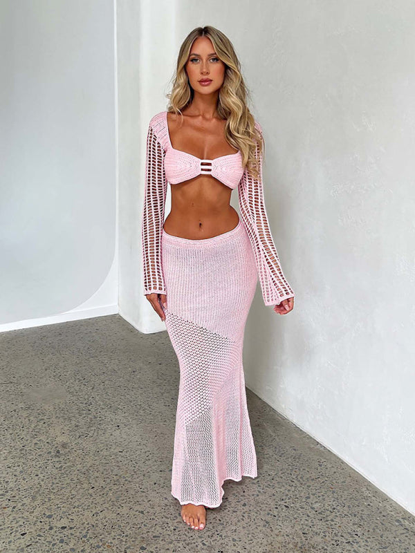 Summer Outfits- Summer Crochet Long Sleeve Crop Top and Maxi Skirt Set- Chuzko Women Clothing