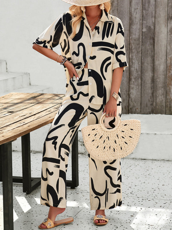 Summer Outfits- Summer Lounge in Tropical Print Shirt & Pants- Chuzko Women Clothing