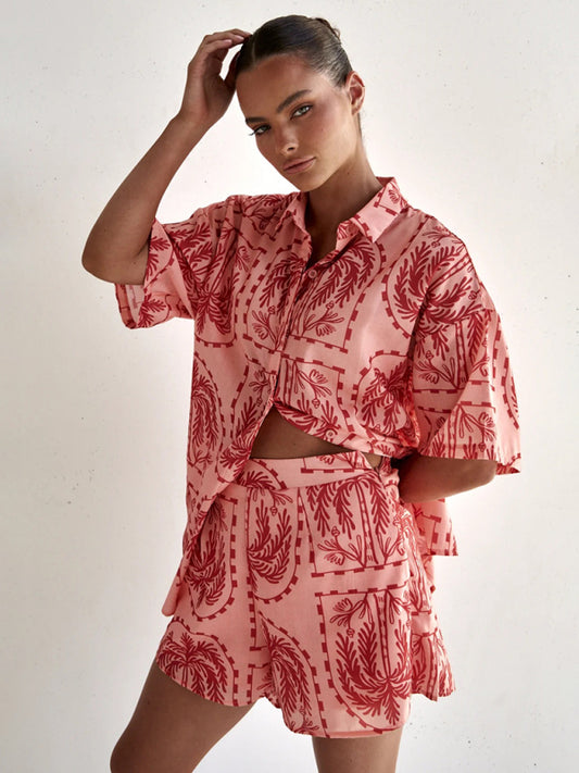 Summer Outfits- Tropical Summer 2-Piece Vacation - Button-Up Shirt and Shorts- Chuzko Women Clothing