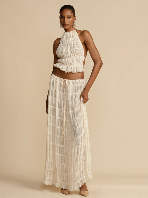 Summer Outfits- Vacation 2 Piece Piped Chiffon Backless Top & Ruched Maxi Skirt- White- Chuzko Women Clothing