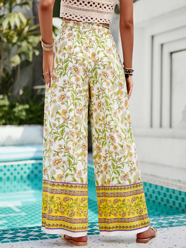 Summer Pants- High-Waisted Floral Pants - Wide-Leg Summer Lounge Palazzos- Chuzko Women Clothing