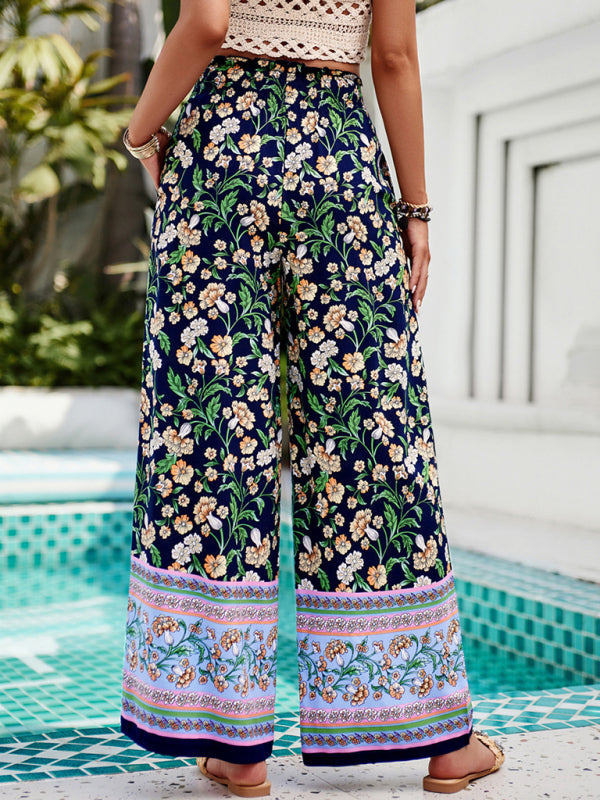 Summer Pants- High-Waisted Floral Pants - Wide-Leg Summer Lounge Palazzos- Chuzko Women Clothing