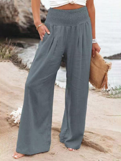 Summer Pants- Summer High Rise Cotton Textured Wide-Leg Palazzo Pants- Chuzko Women Clothing