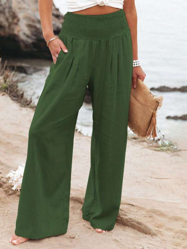 Summer Pants- Summer High Rise Cotton Textured Wide-Leg Palazzo Pants- Chuzko Women Clothing